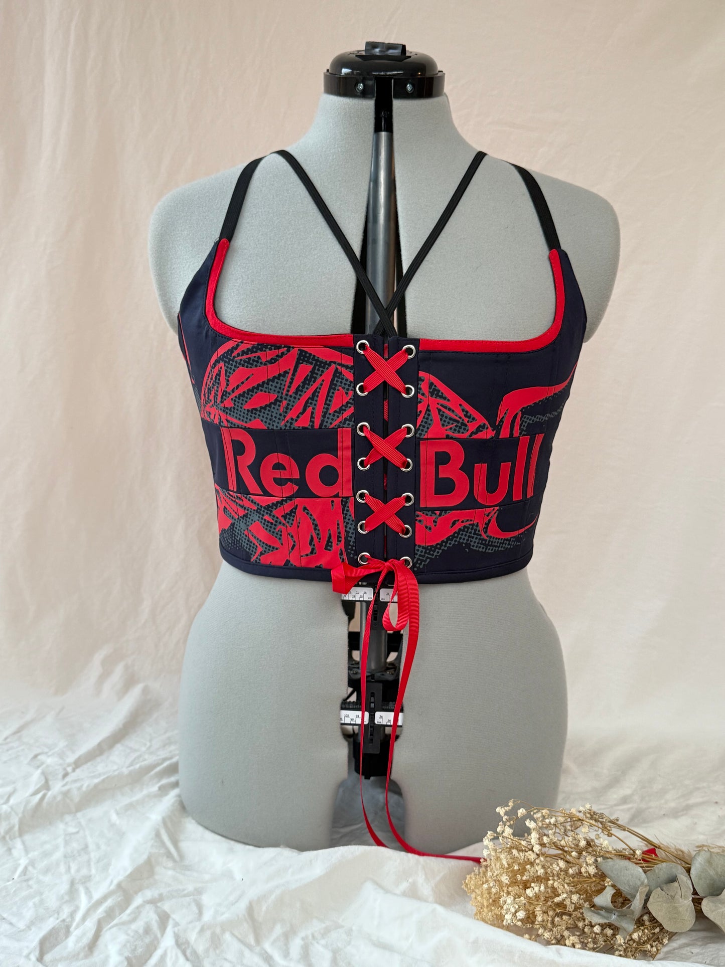 Reworked Red Bull cropped back and front lacing corset set - M