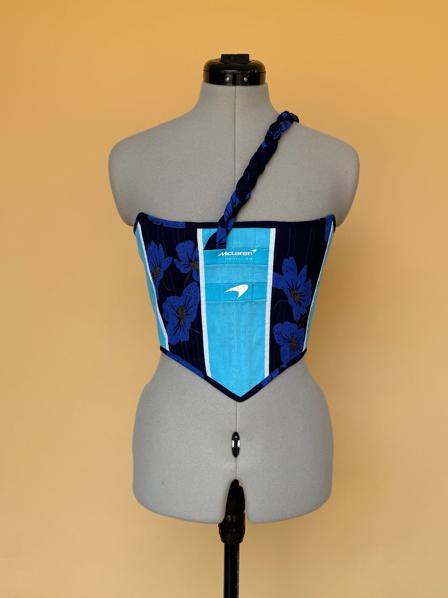 Reworked McLaren blue floral cropped back lacing corset -XS