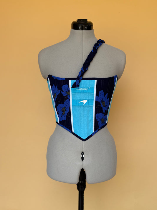 Reworked McLaren blue floral cropped back lacing corset -XS