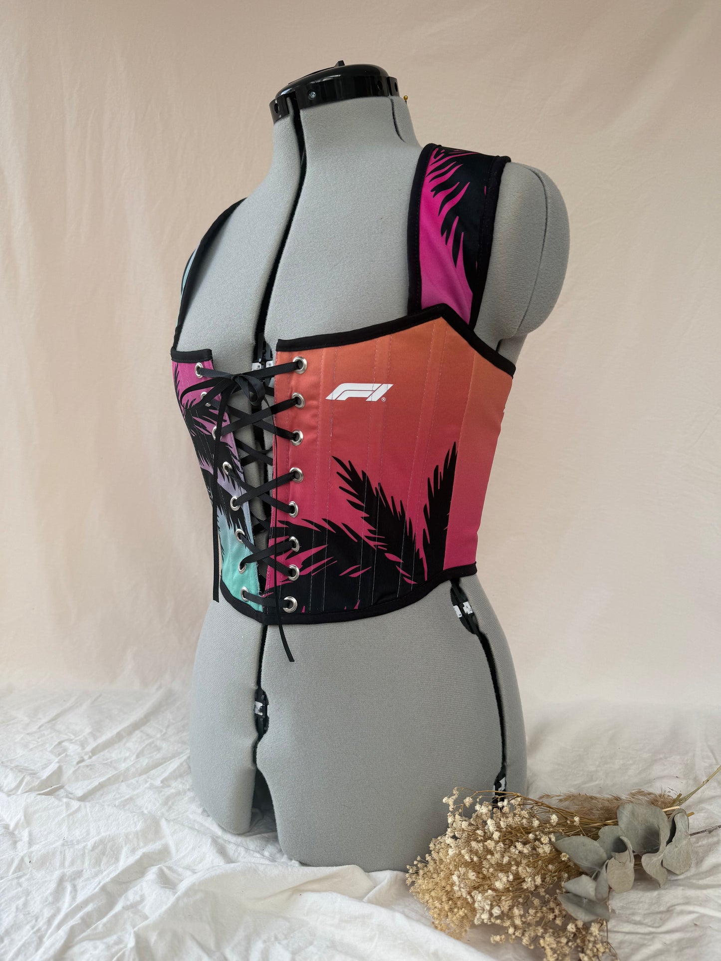 Reworked F1 Floral cropped back lacing corset - S