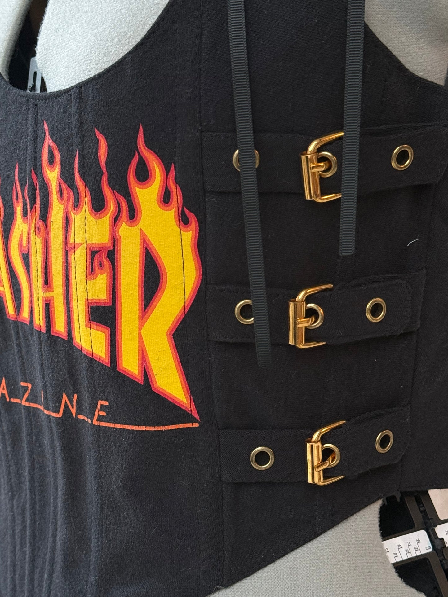 Reworked Black Thrasher cropped back lacing corset - L