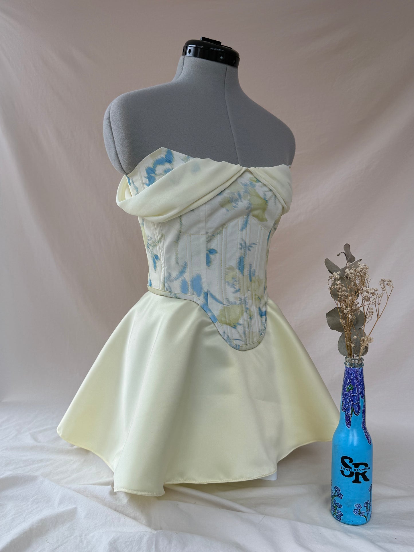 Reworked Lemon Floral back lacing corset with Mini Ballerina wrap skirt - XS
