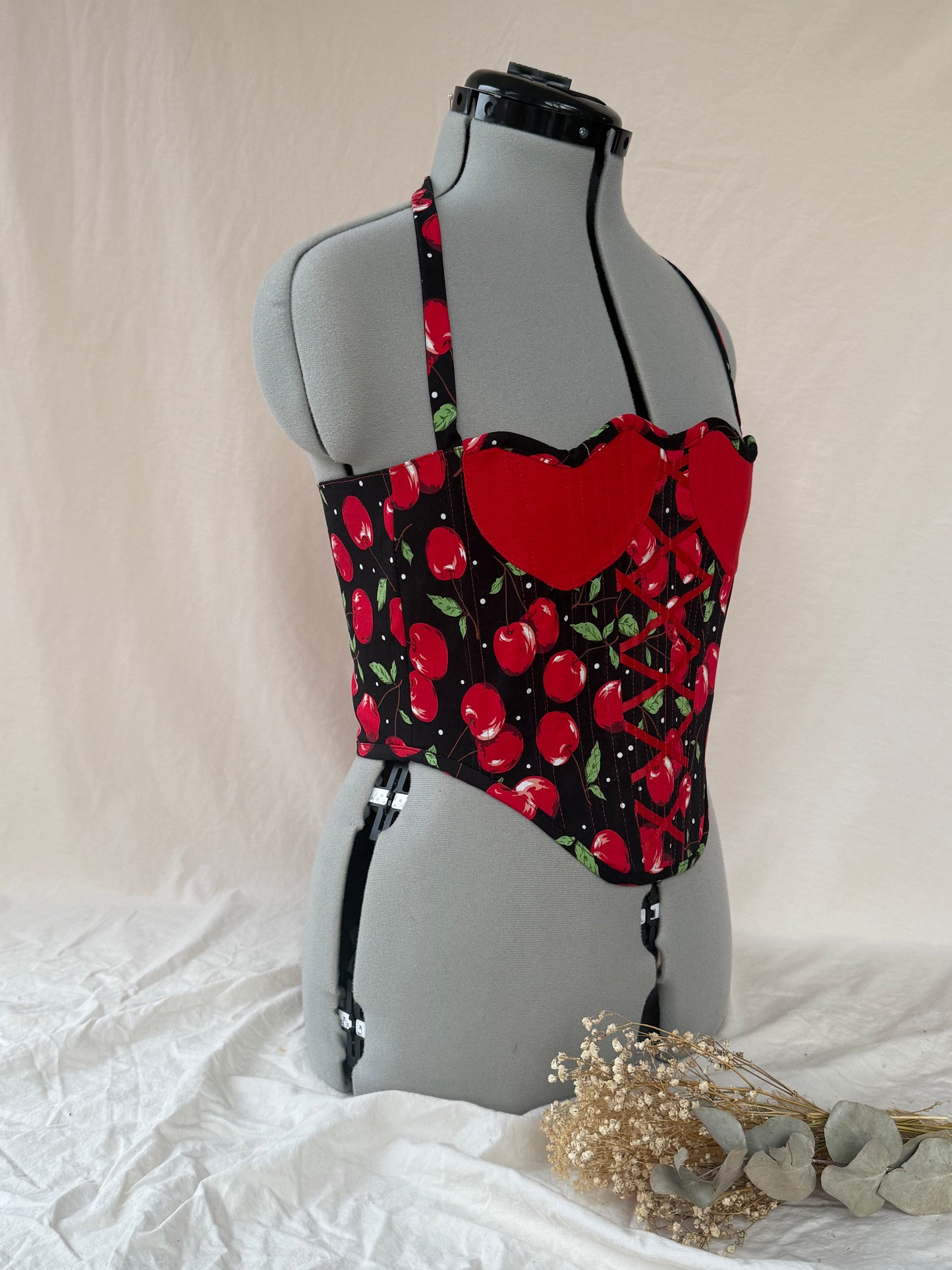 Reworked Cherry heart cropped back lacing corset - S