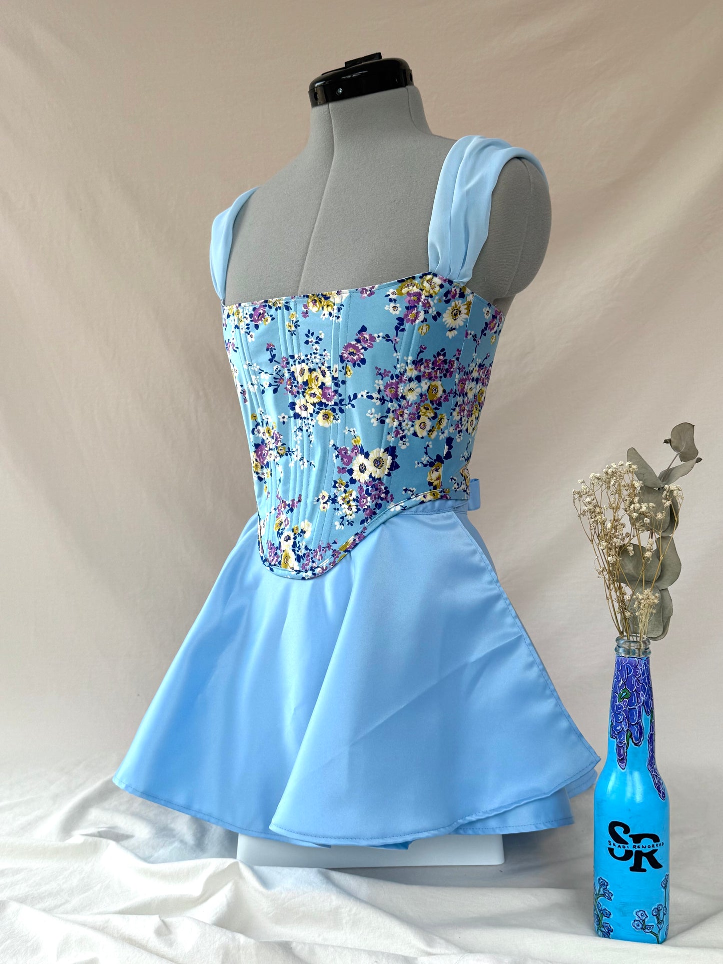 Reworked Blue satin Floral back lacing corset with Mini Ballerina wrap shirt - XS