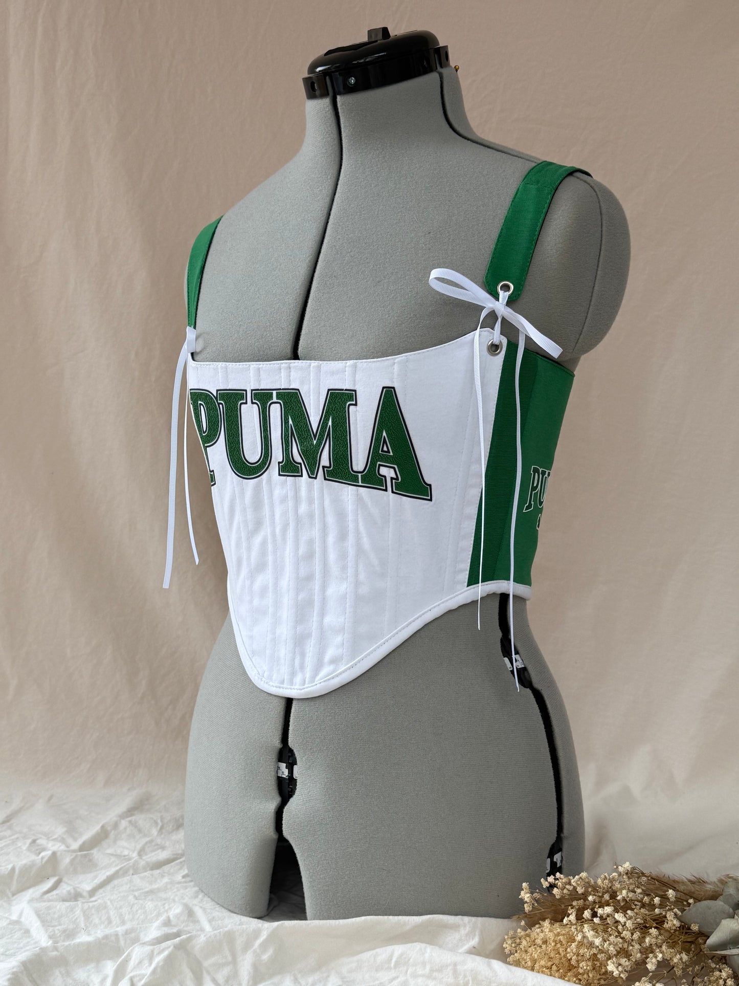 Reworked Green and White Puma cropped back lacing corset - XS/S