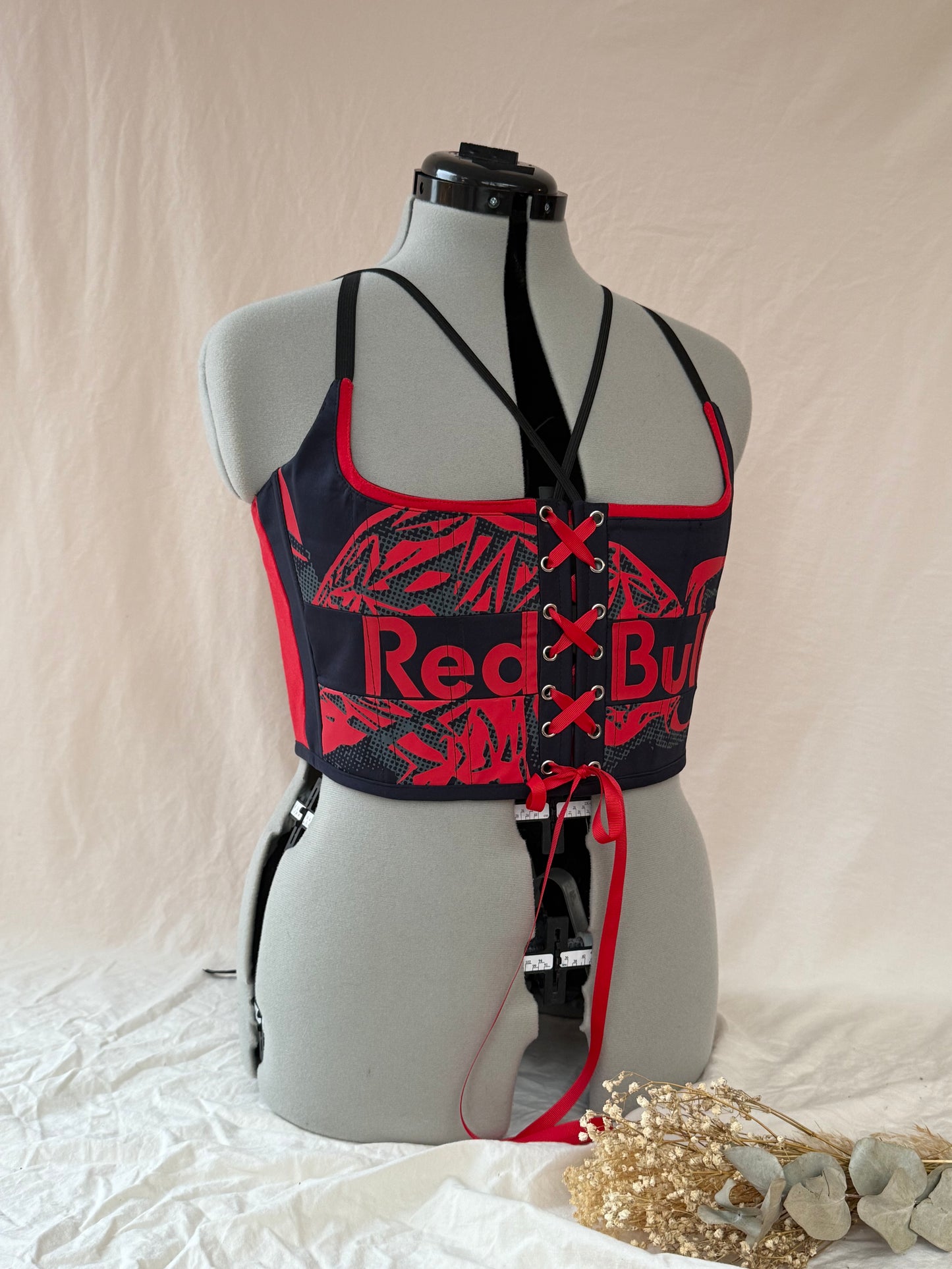 Reworked Red Bull cropped back and front lacing corset set - M