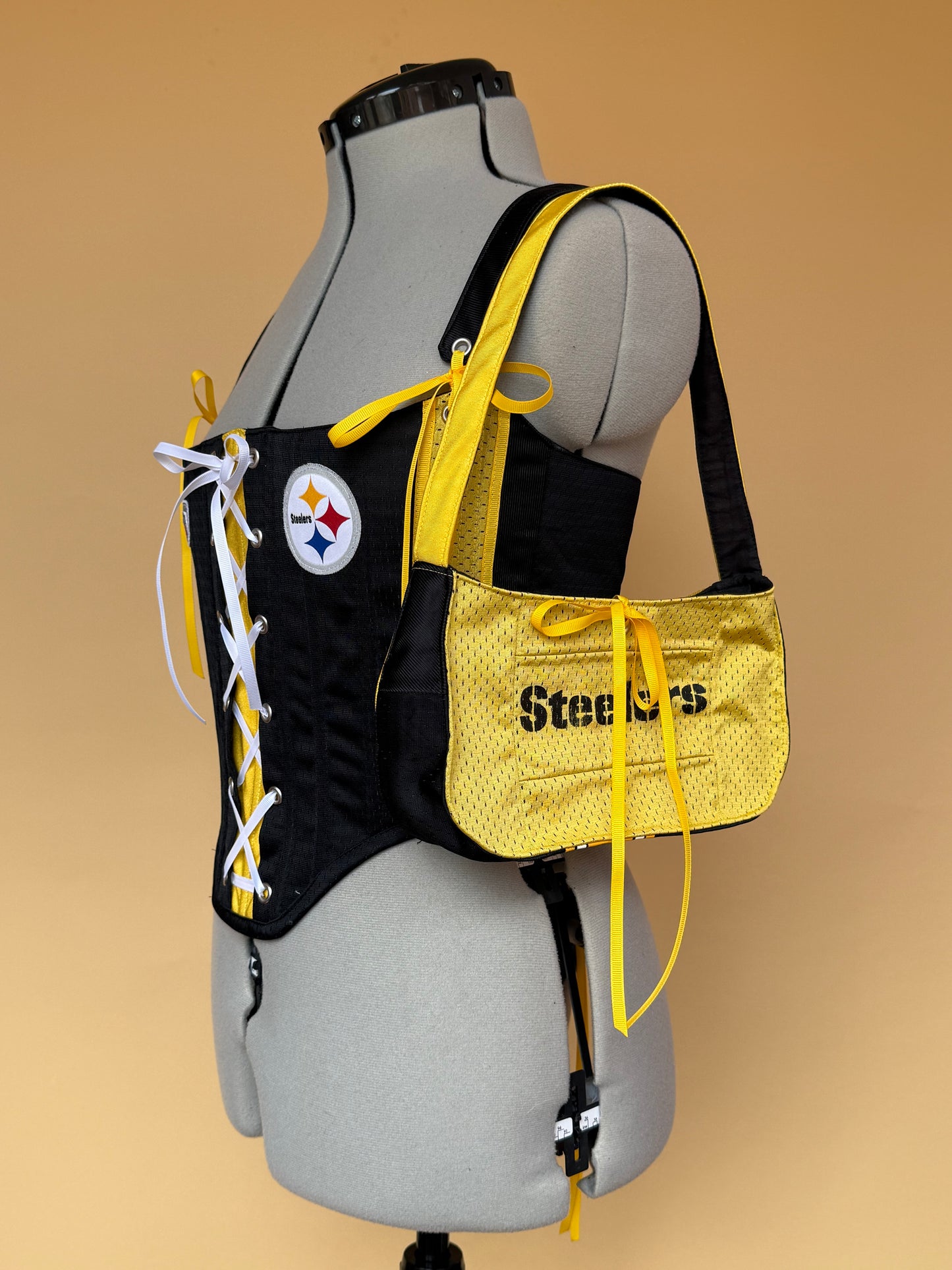 Reworked Pittsburgh Steelers cropped back lacing corset and matching Bag - S