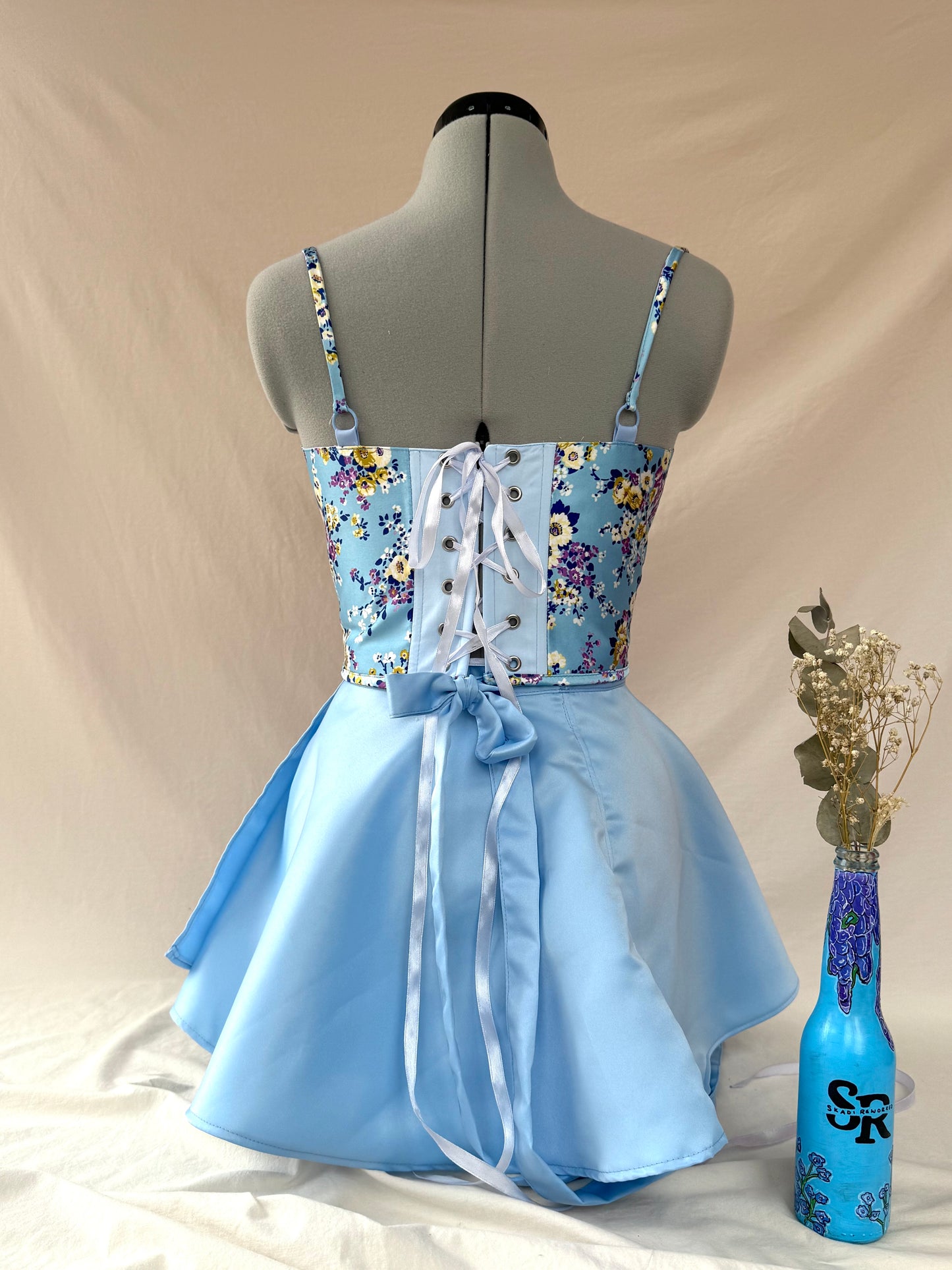 Reworked Blue Floral back lacing corset with Mini Ballerina wrap skirt - XS/S
