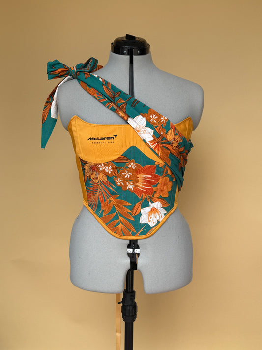 Reworked McLaren Floral Corset in Teal and Orange with Matching Shoulder Bag - S/M