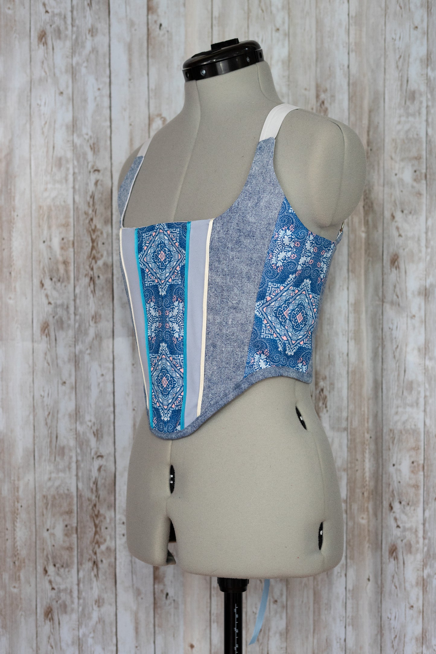 Reworked Denim and Paisley cropped back lacing corset - XS/S