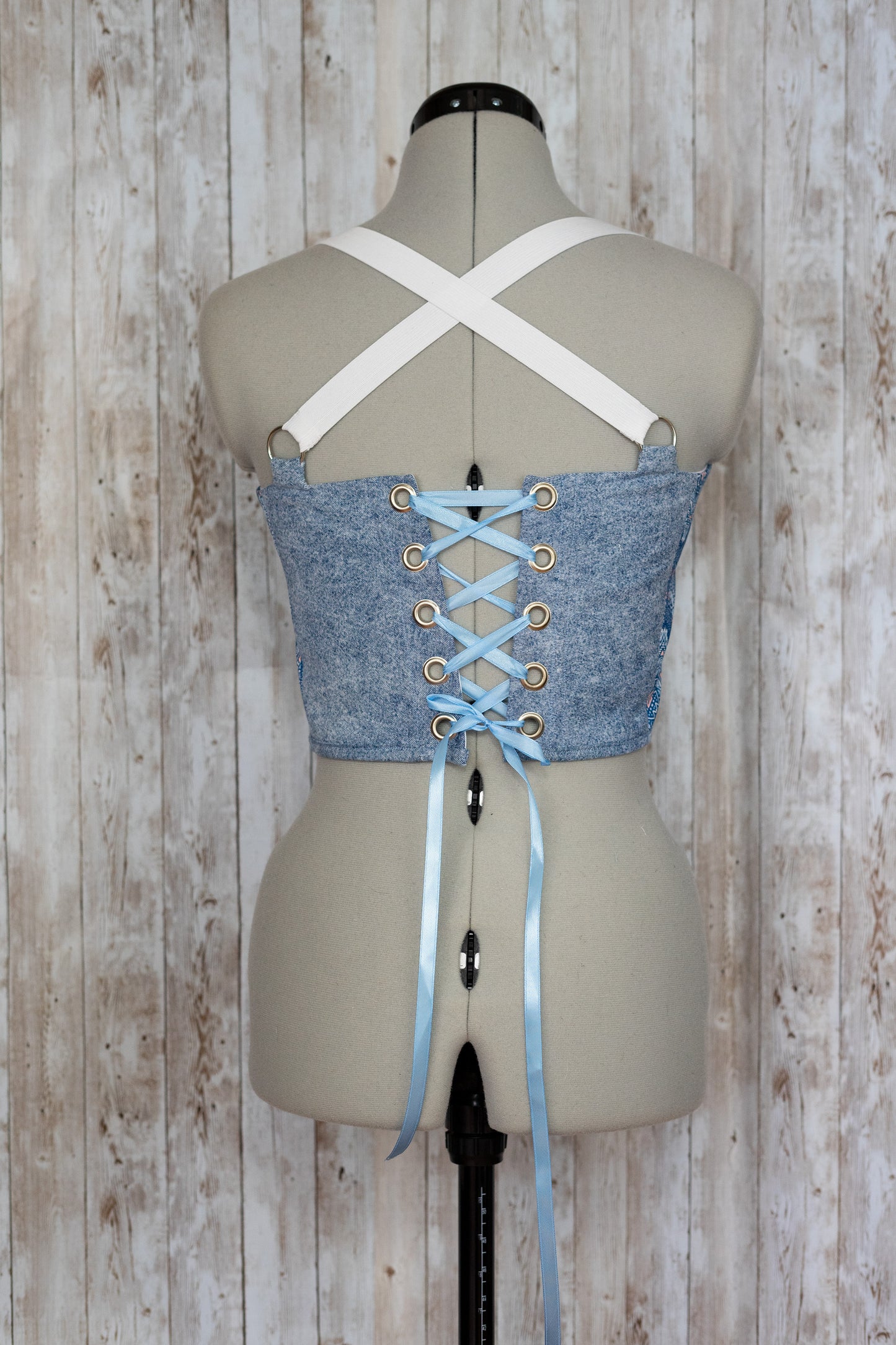 Reworked Denim and Paisley cropped back lacing corset - XS/S