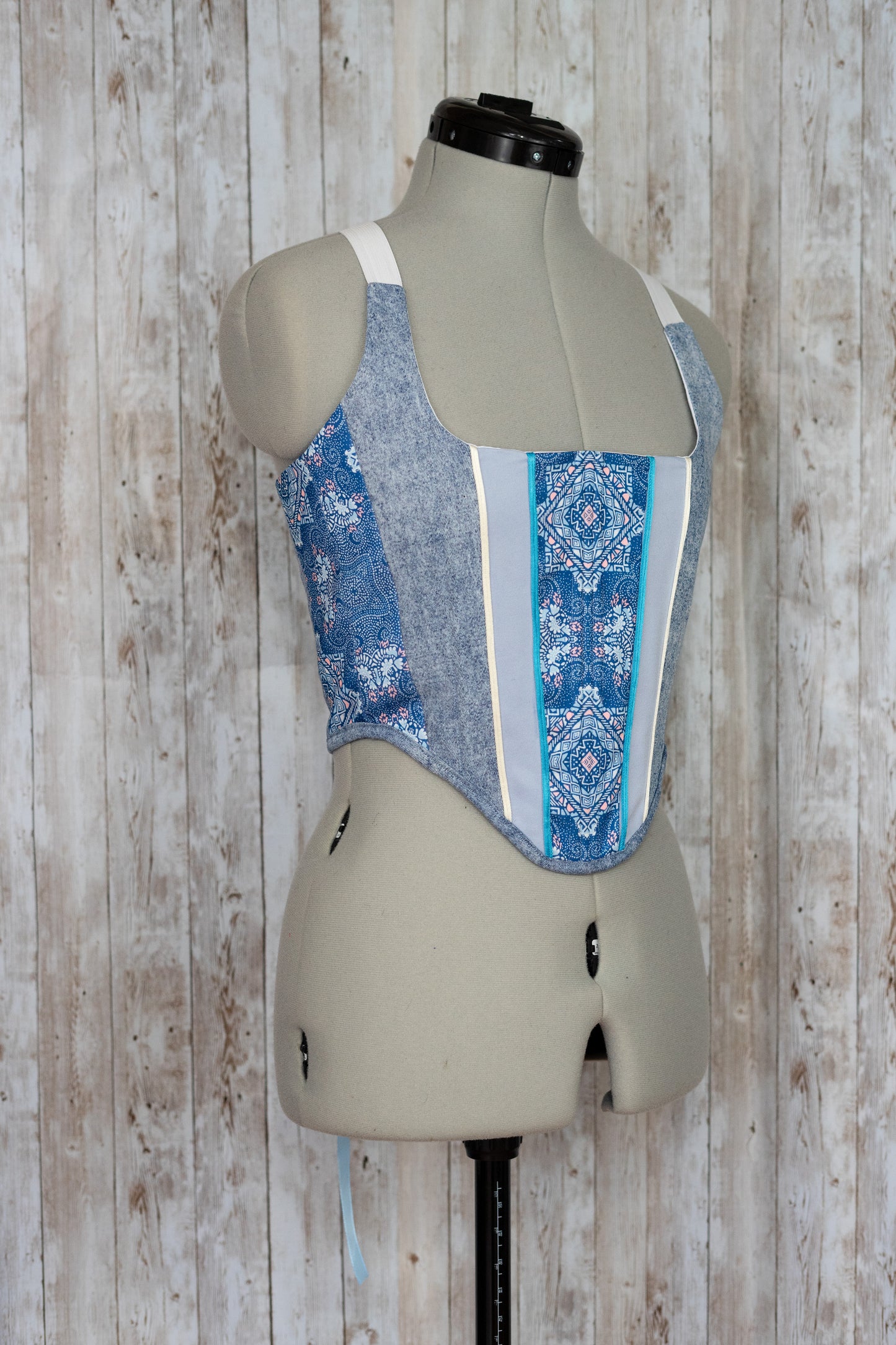 Reworked Denim and Paisley cropped back lacing corset - XS/S