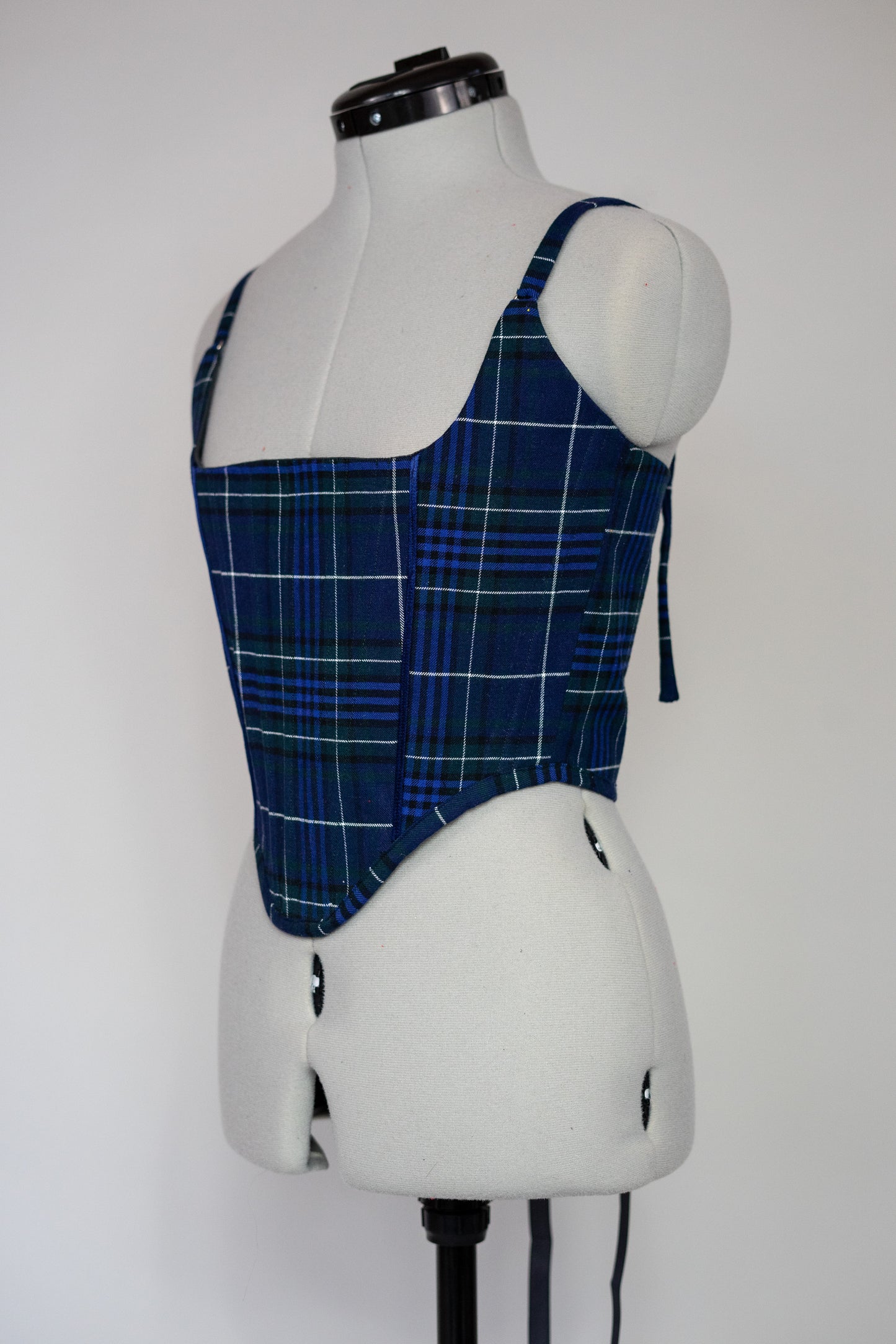 Reworked Blue Tartan cropped back lacing corset - XS/S