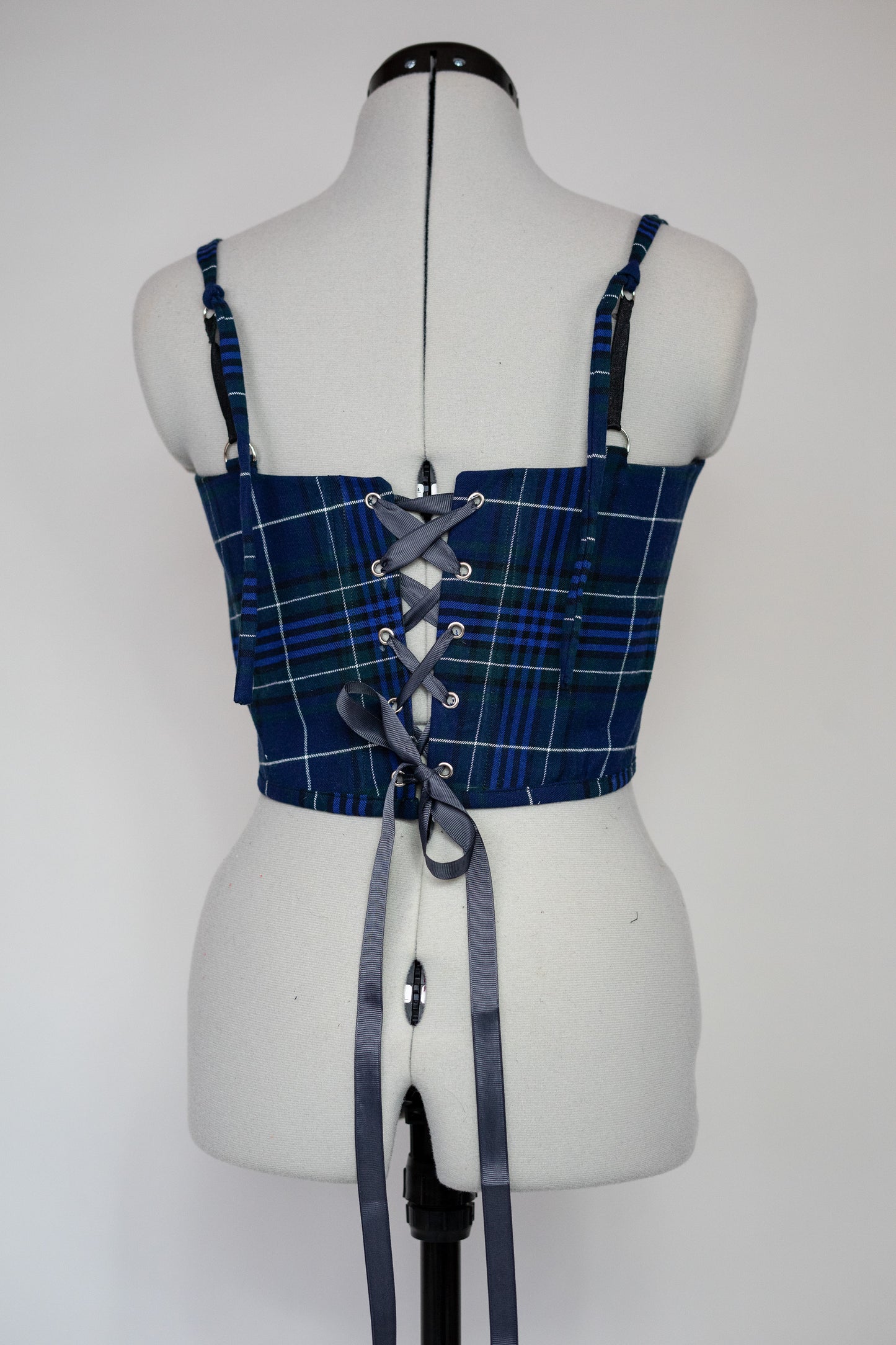 Reworked Blue Tartan cropped back lacing corset - XS/S