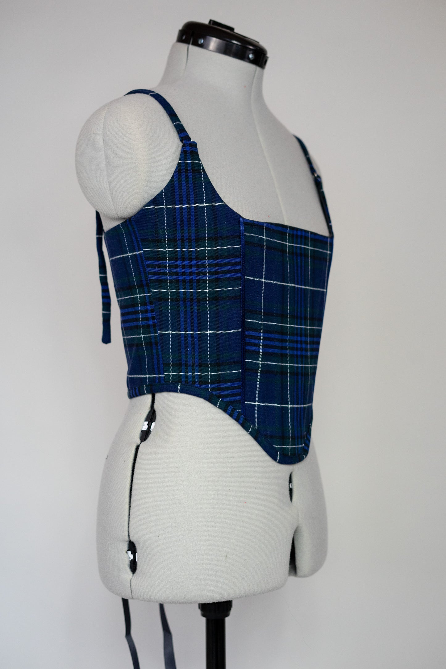 Reworked Blue Tartan cropped back lacing corset - XS/S