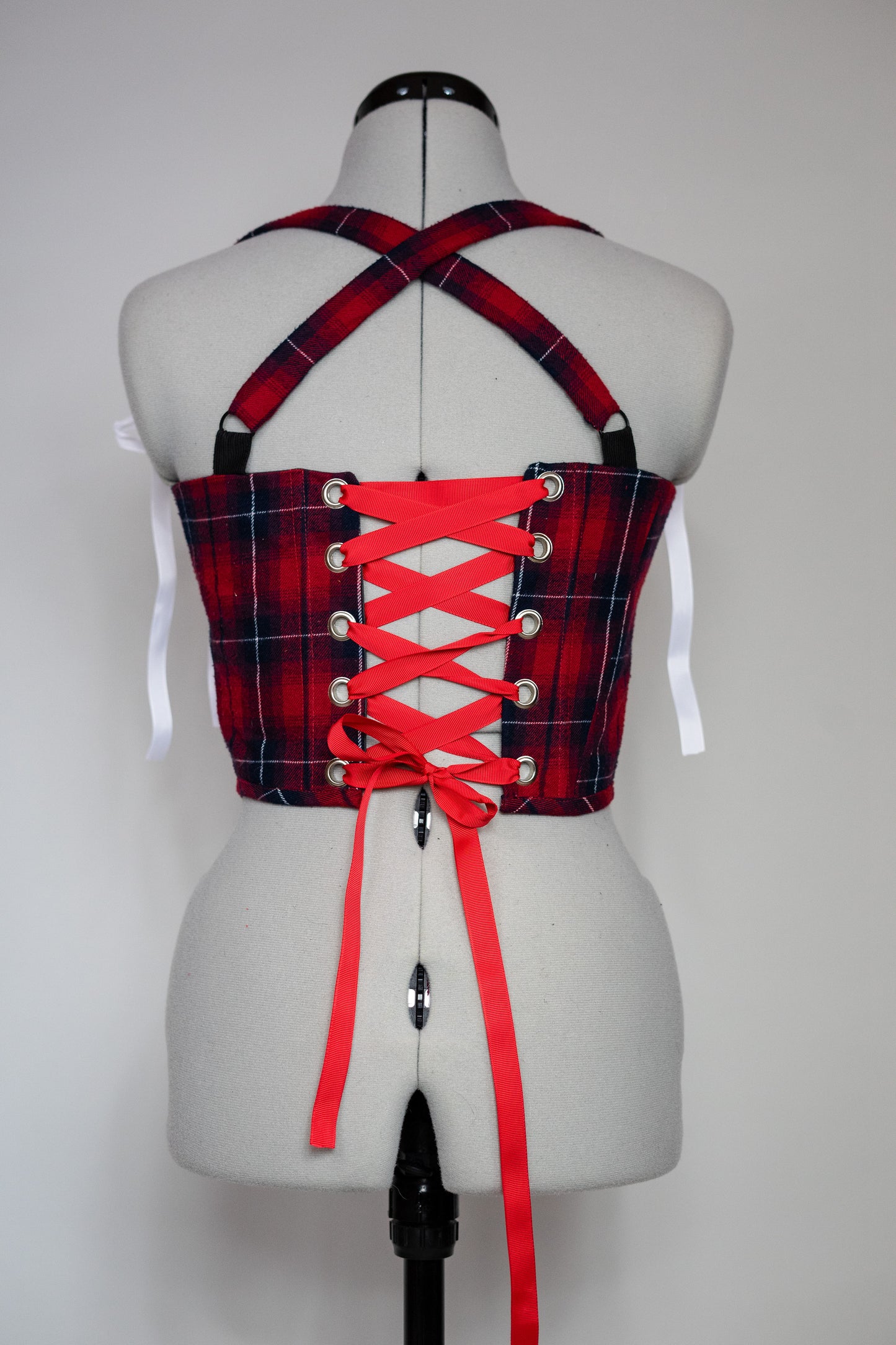 Reworked Red Tartan cropped back lacing corset - XS