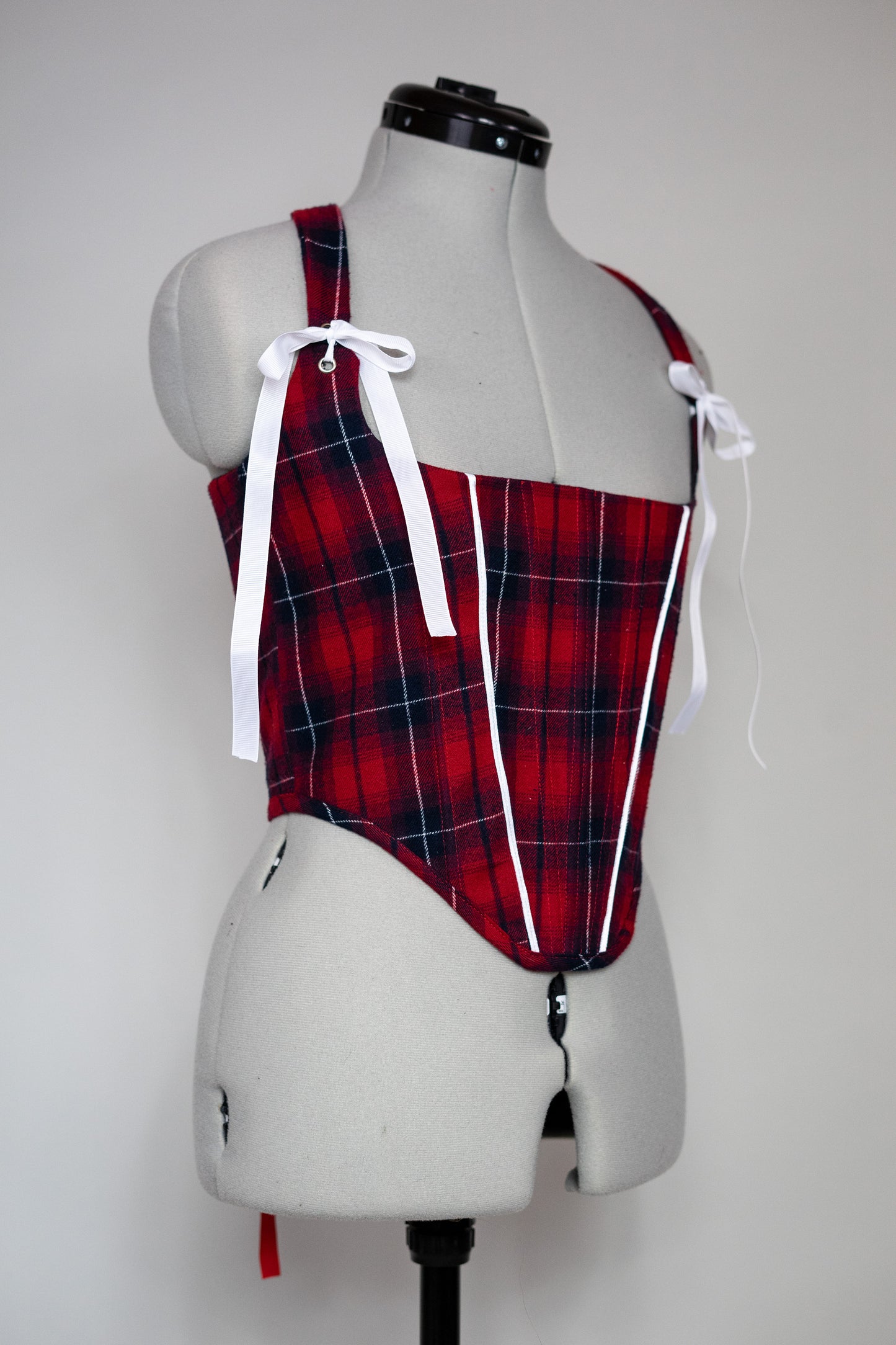 Reworked Red Tartan cropped back lacing corset - XS