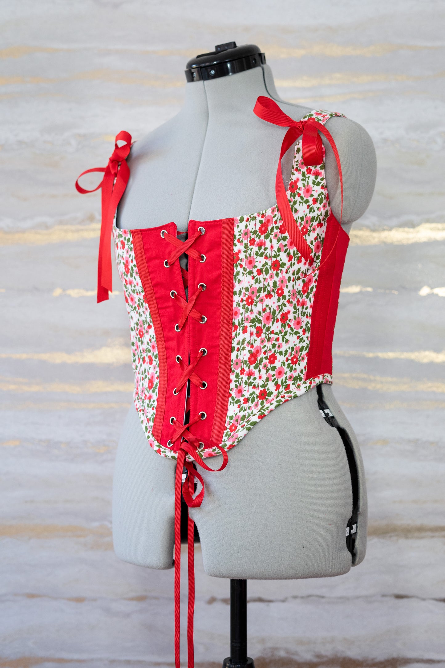 Reworked Red floral cropped front lacing corset - S