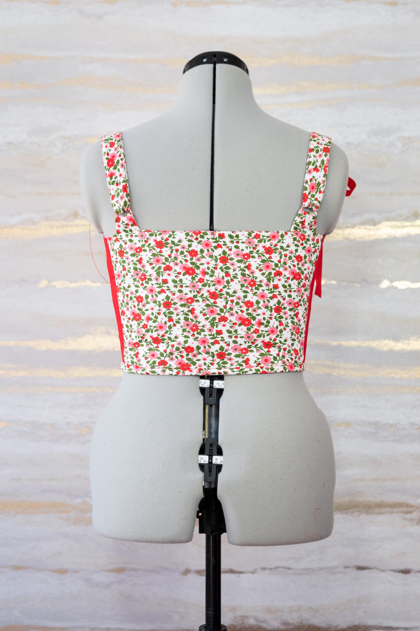 Reworked Red floral cropped front lacing corset - S