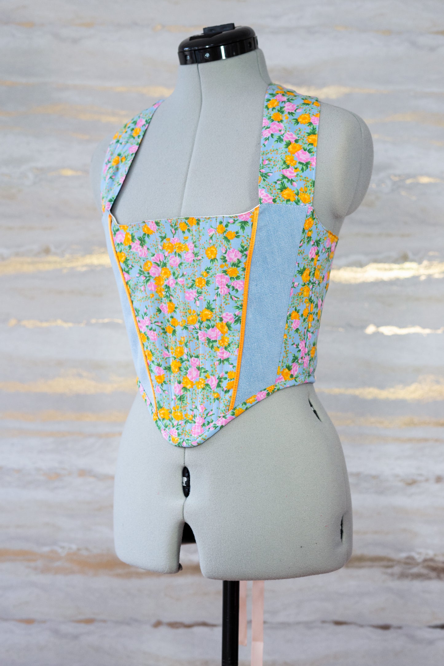 Reworked blue orange and denim floral cropped back lacing corset - XS