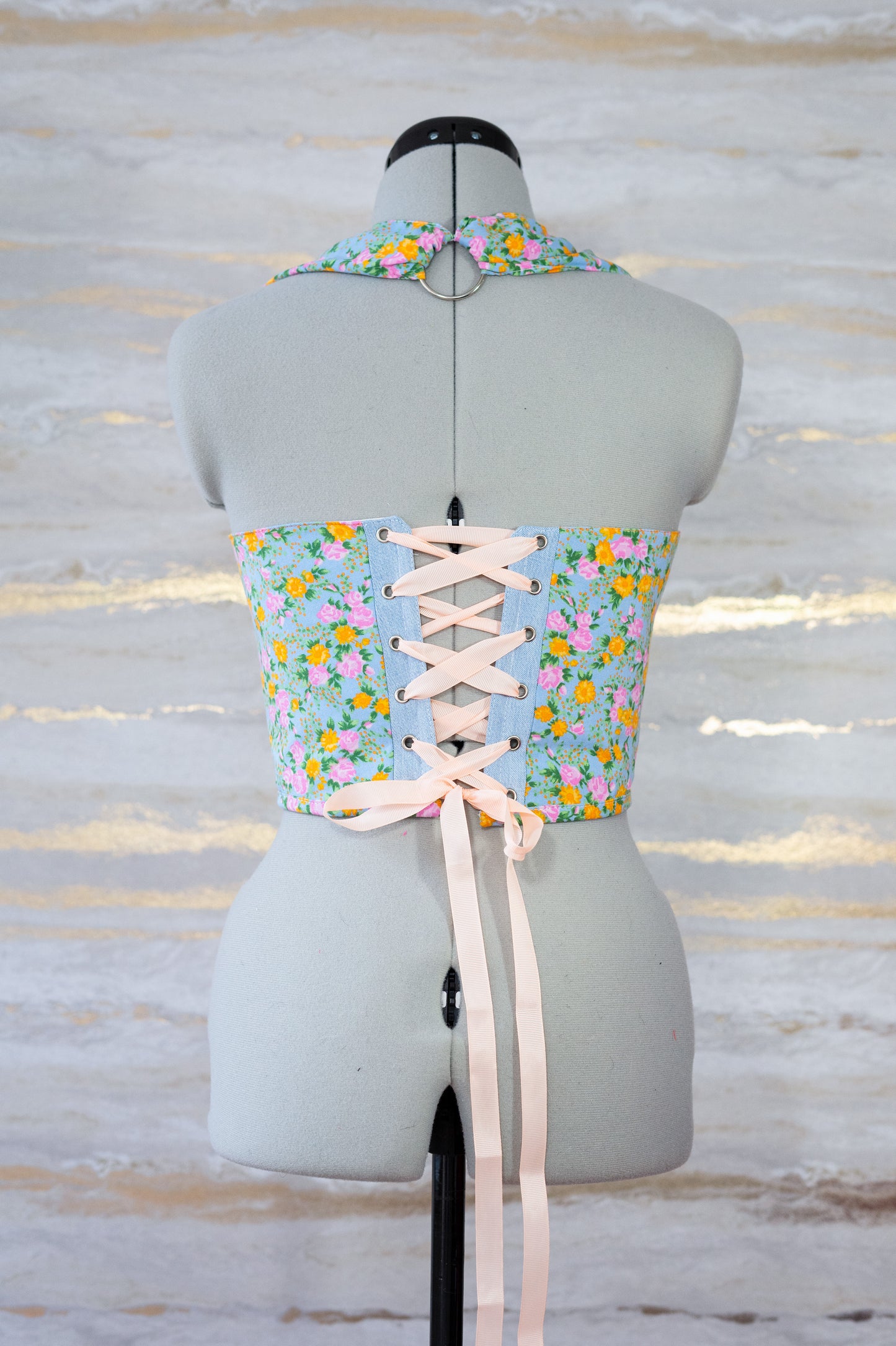 Reworked blue orange and denim floral cropped back lacing corset - XS