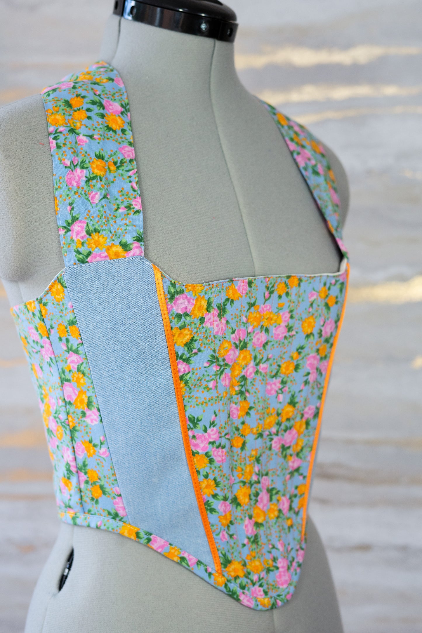 Reworked blue orange and denim floral cropped back lacing corset - XS