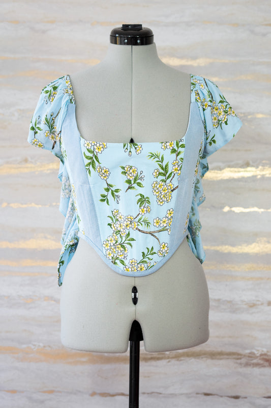 Reworked Blue floral and denim cropped open back lacing corset - XXS-XS