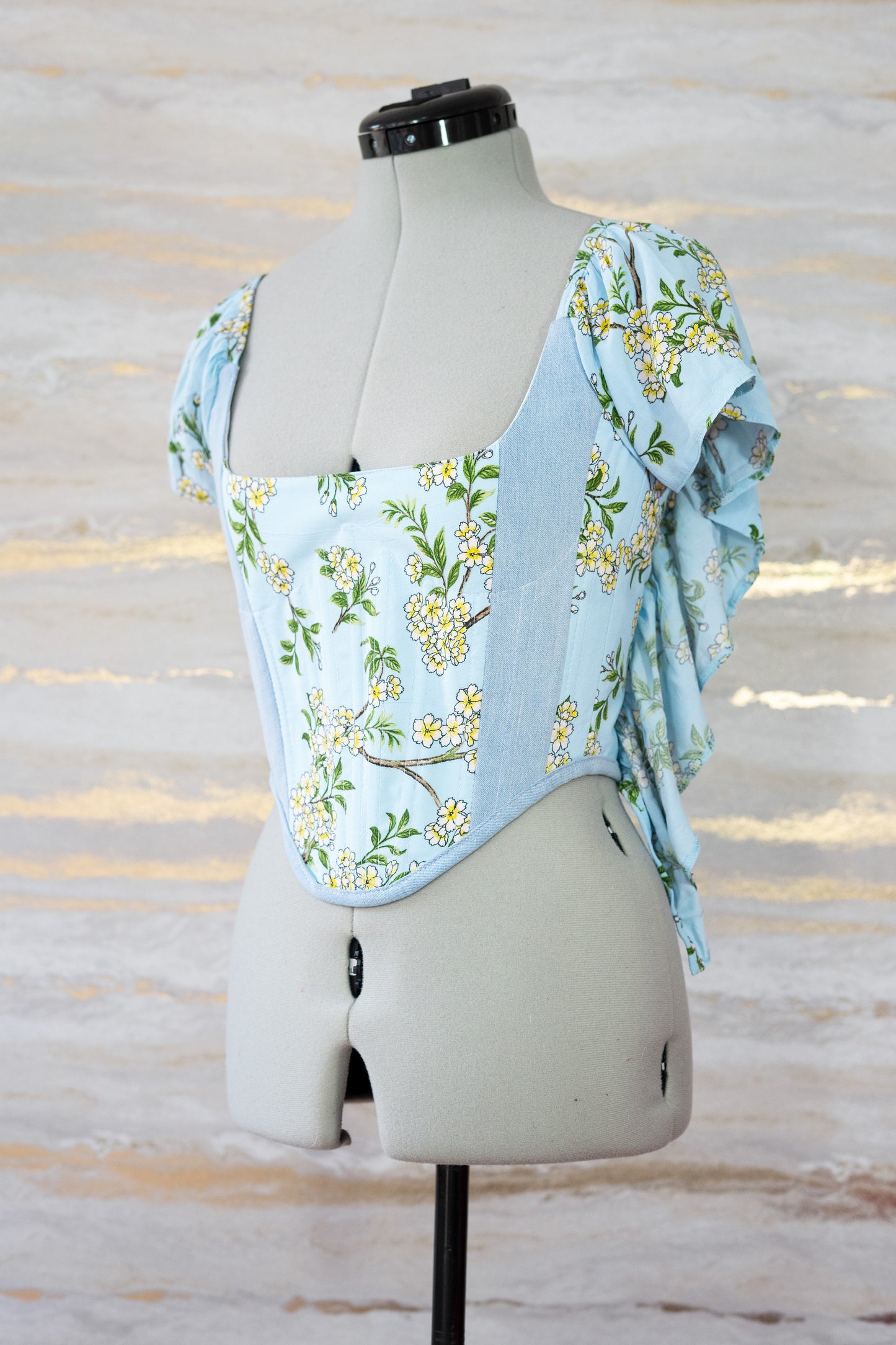 Reworked Blue floral and denim cropped open back lacing corset - XXS-XS