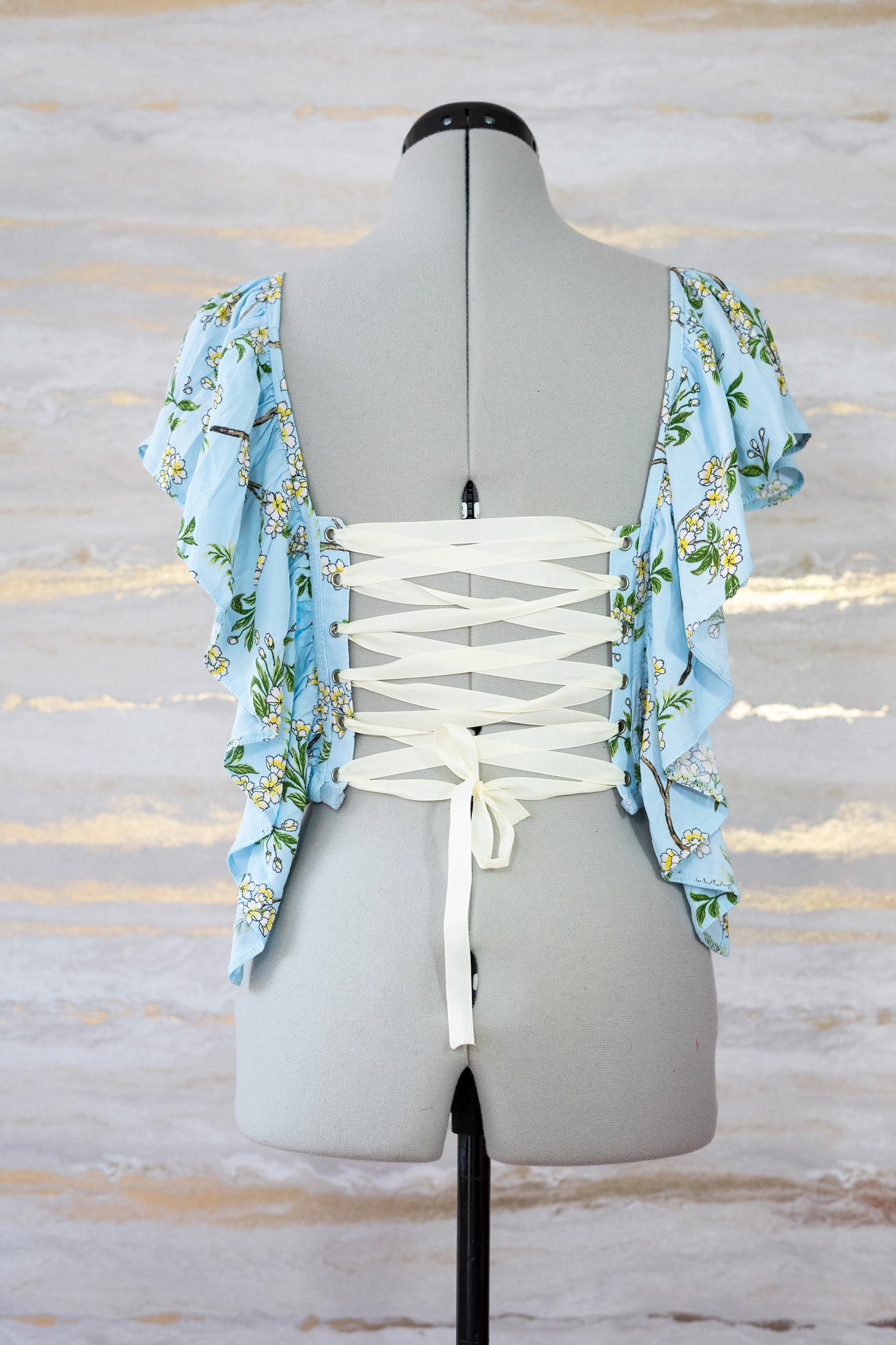 Reworked Blue floral and denim cropped open back lacing corset - XXS-XS