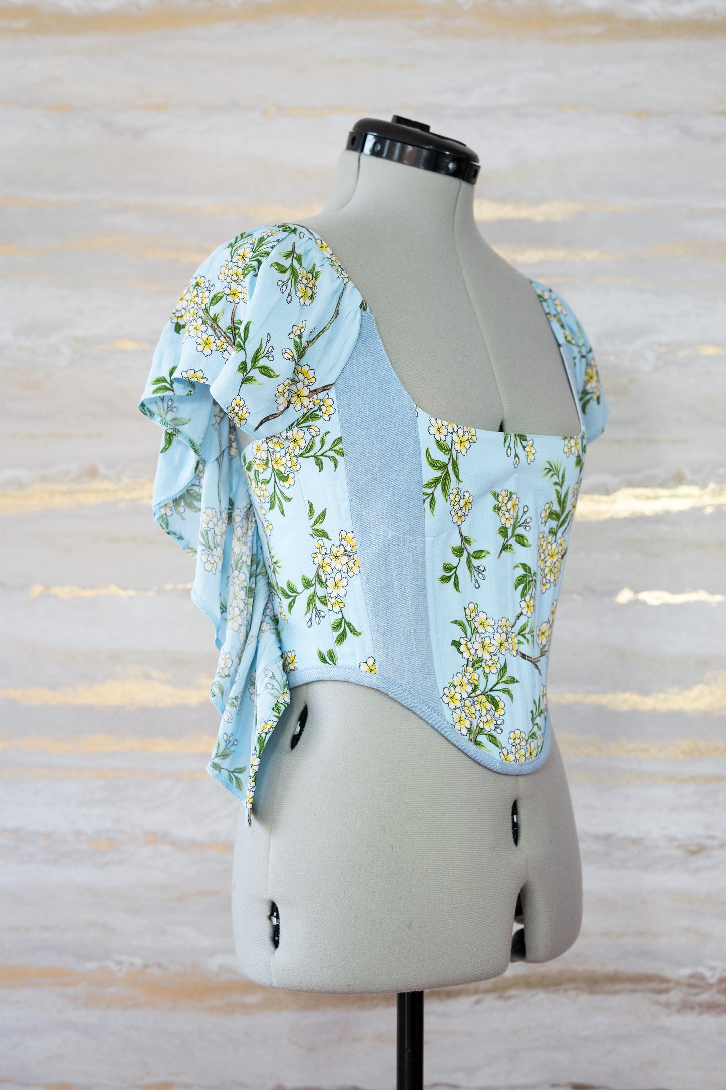 Reworked Blue floral and denim cropped open back lacing corset - XXS-XS