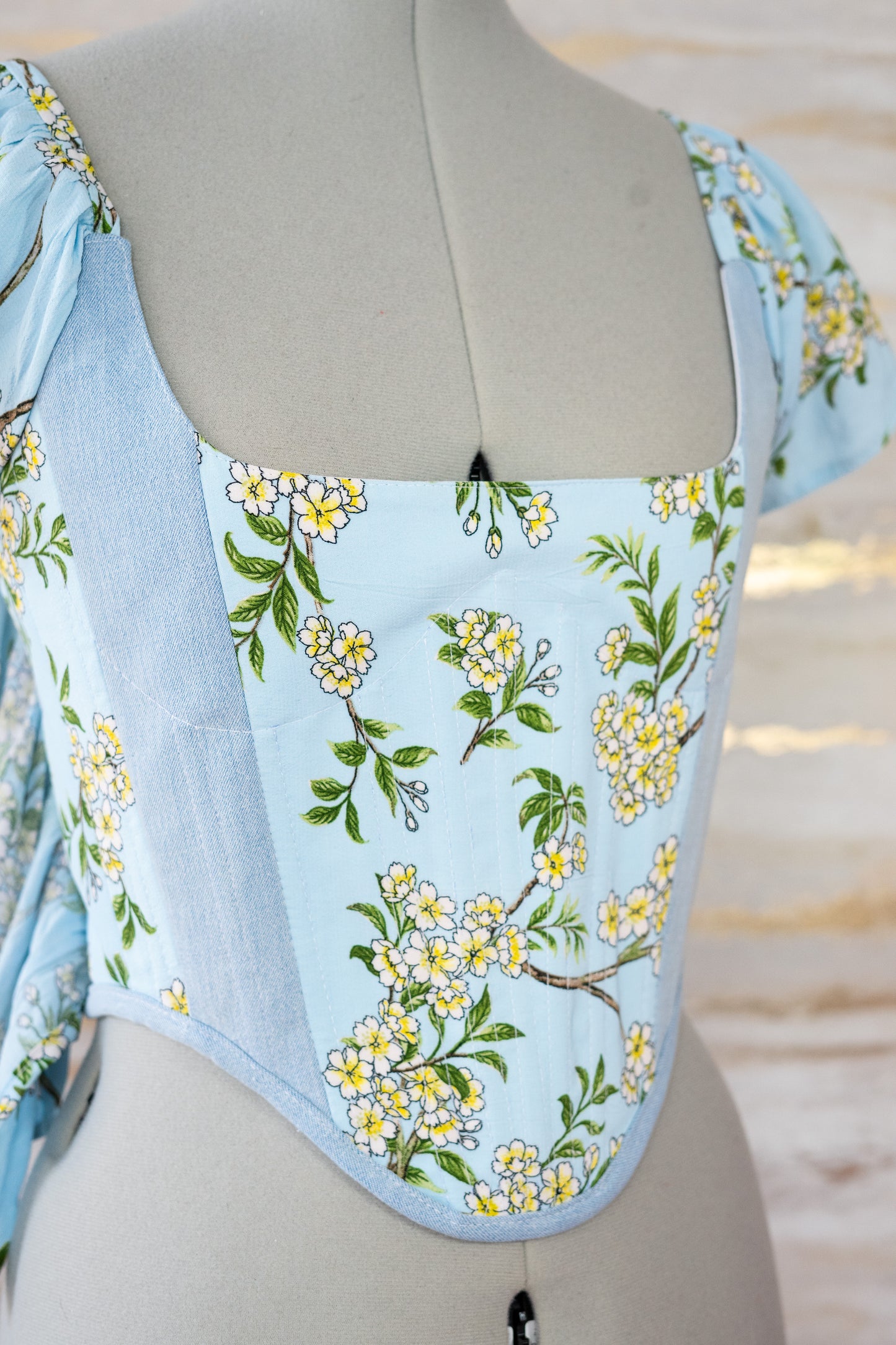 Reworked Blue floral and denim cropped open back lacing corset - XXS-XS