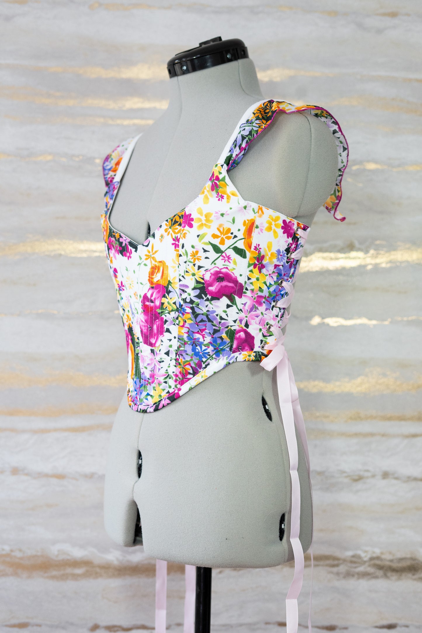 Reworked Pink floral side lacing corset - XXS-XS