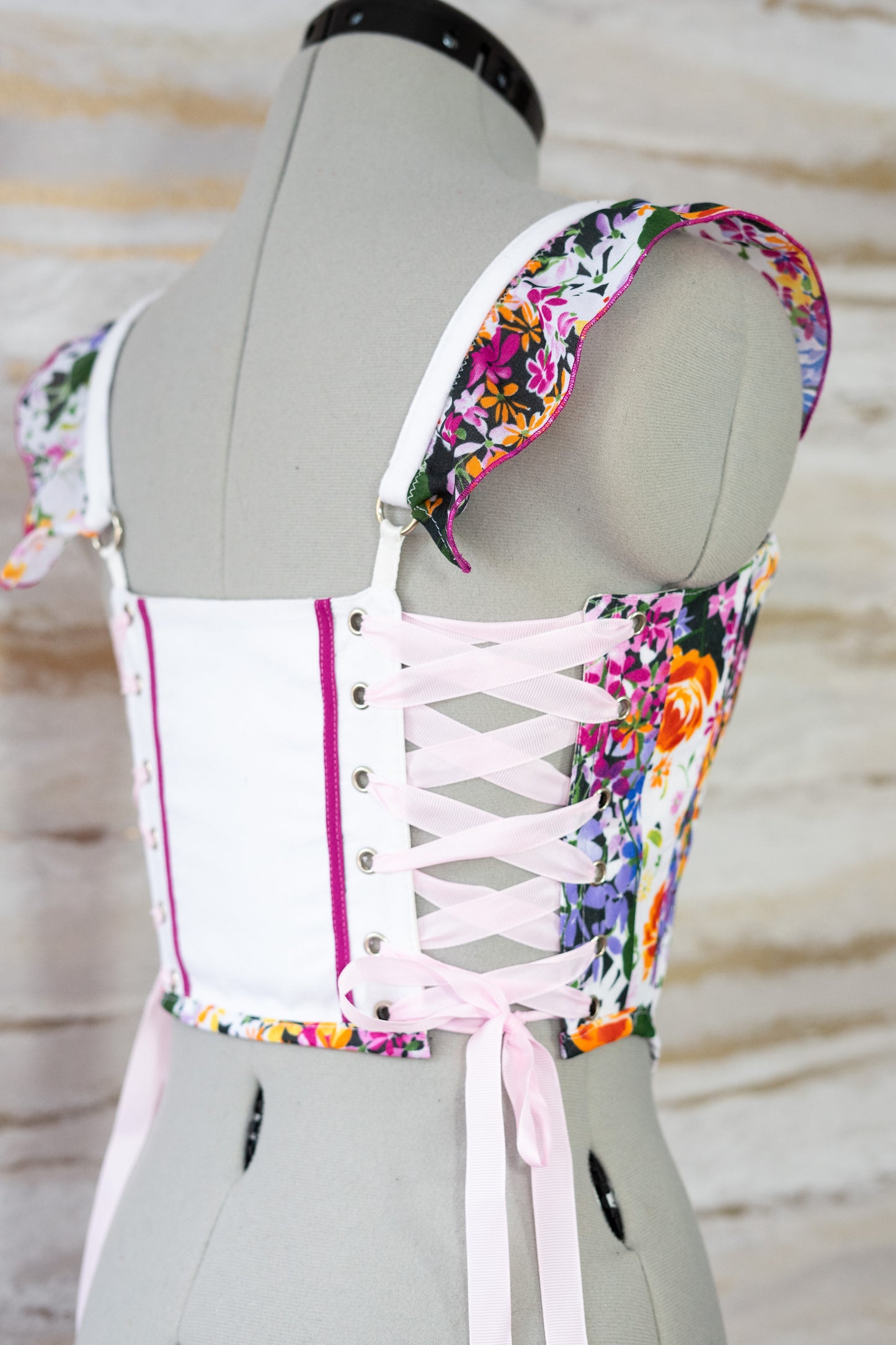 Reworked Pink floral side lacing corset - XXS-XS