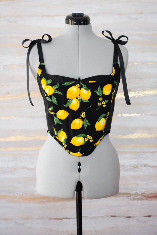 Reworked Lemon and denim cropped back lacing corset - XS-S