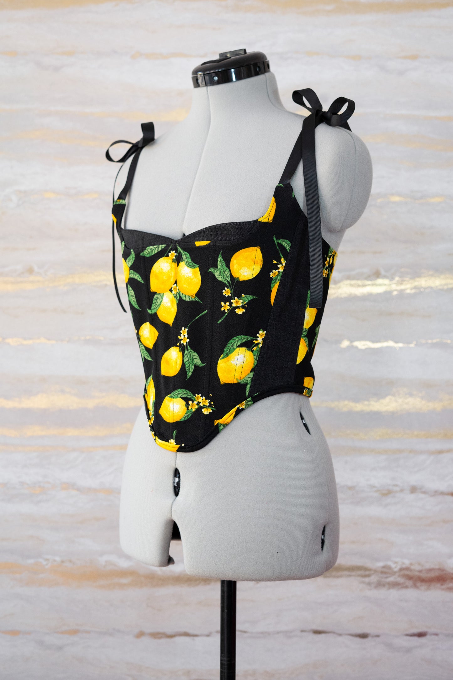 Reworked Lemon and denim cropped back lacing corset - XS-S