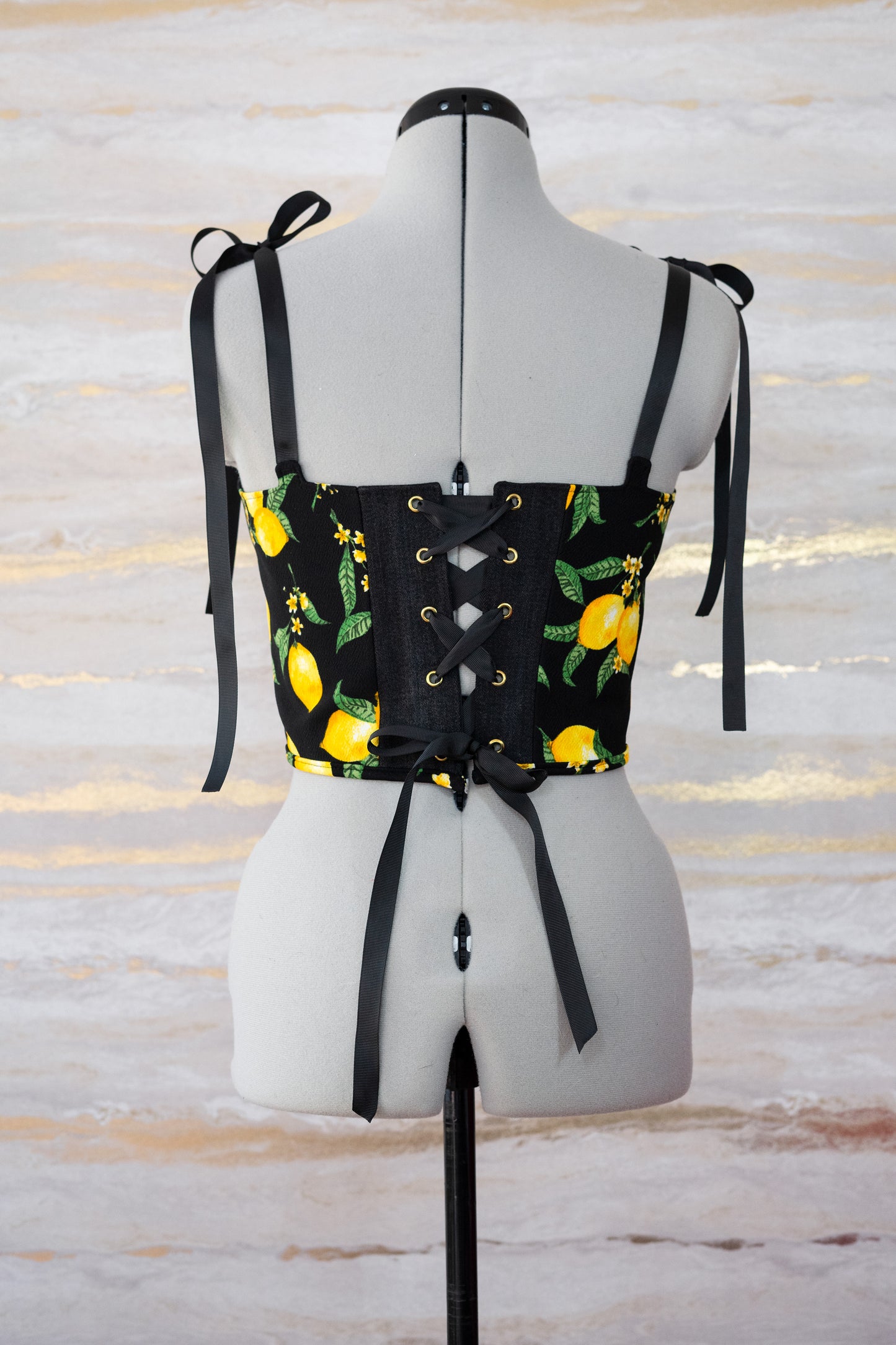 Reworked Lemon and denim cropped back lacing corset - XS-S