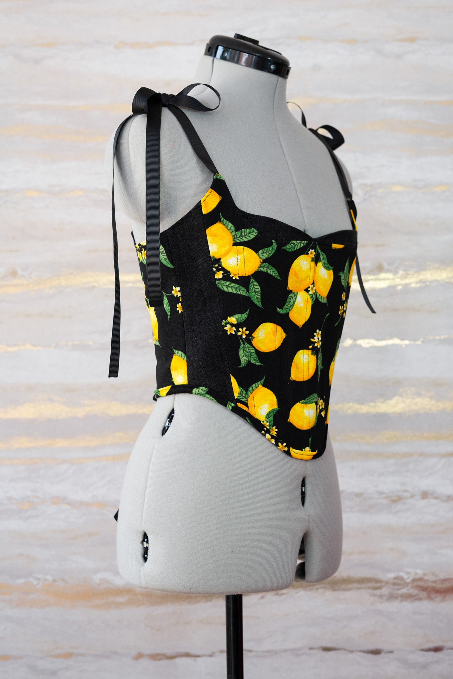 Reworked Lemon and denim cropped back lacing corset - XS-S