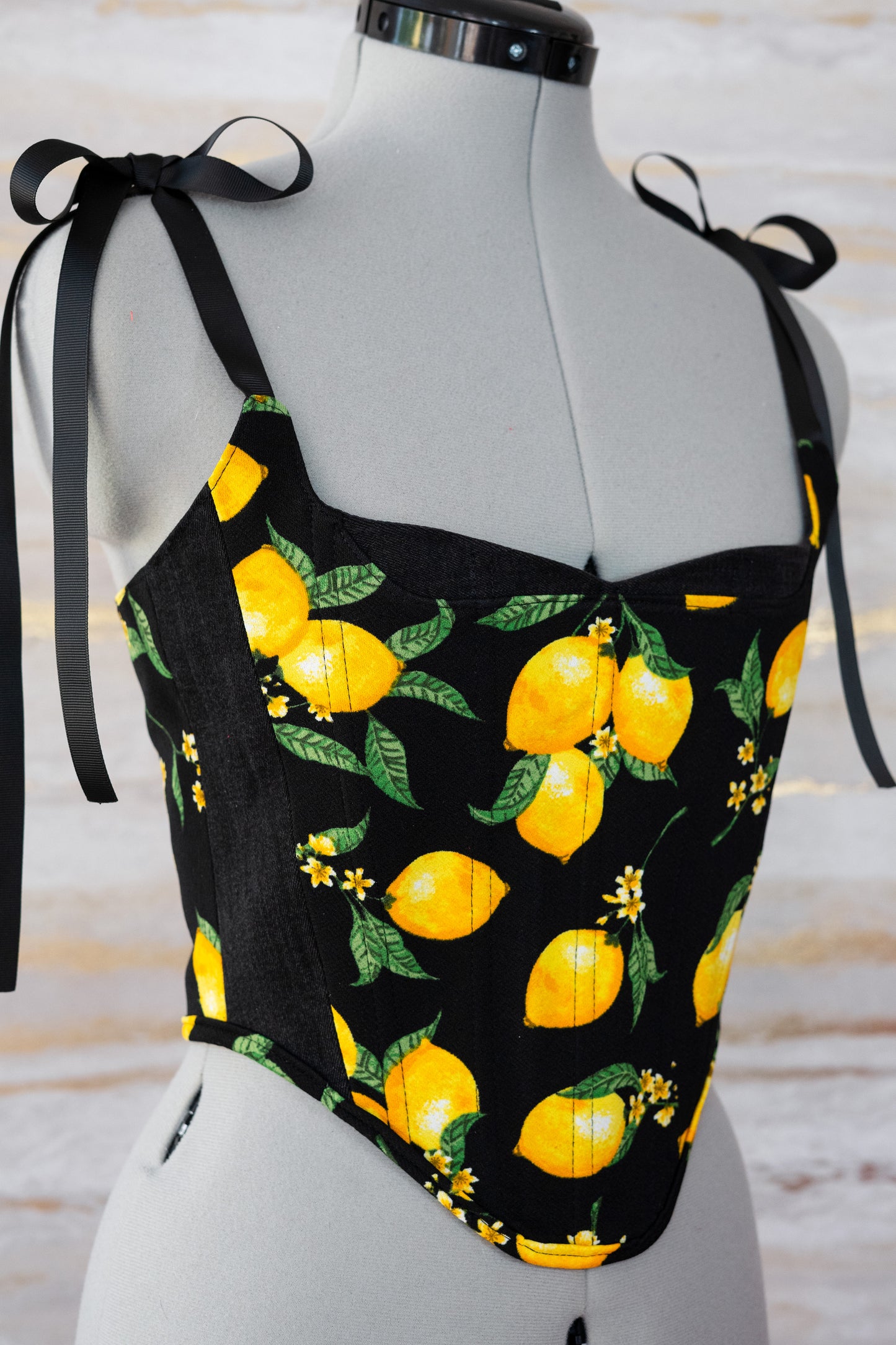 Reworked Lemon and denim cropped back lacing corset - XS-S