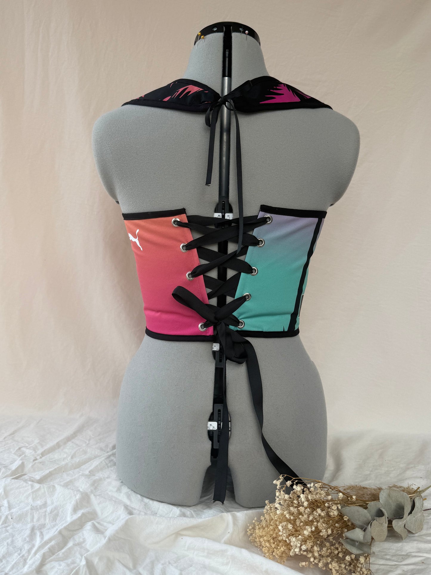 Reworked F1 Floral cropped back lacing corset - S