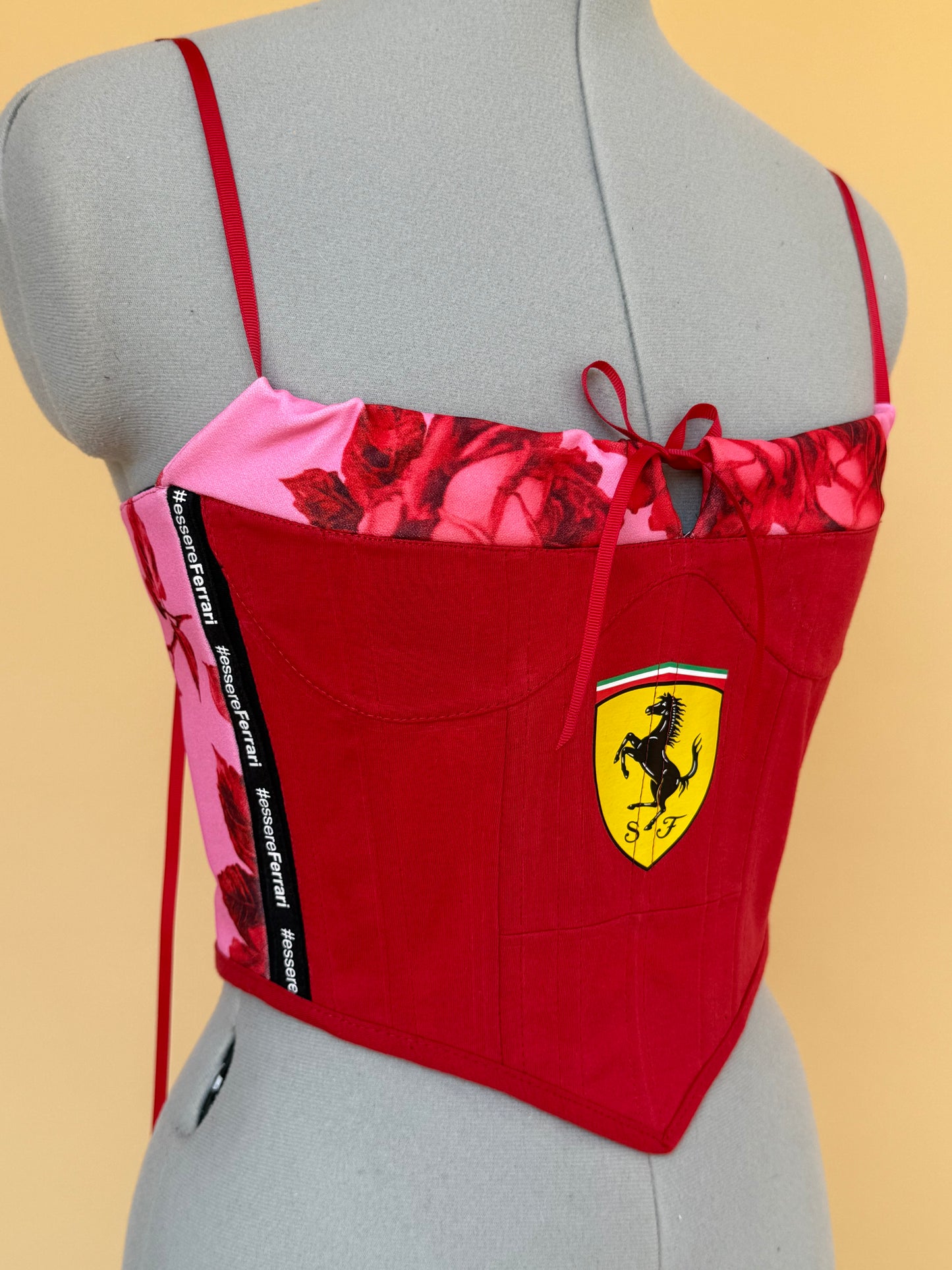 Reworked Ferrari floral ruched back lacing corset - XS