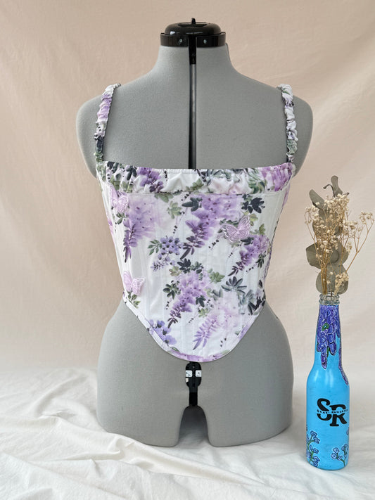 Reworked Cream and Lilac cropped back lacing corset - S
