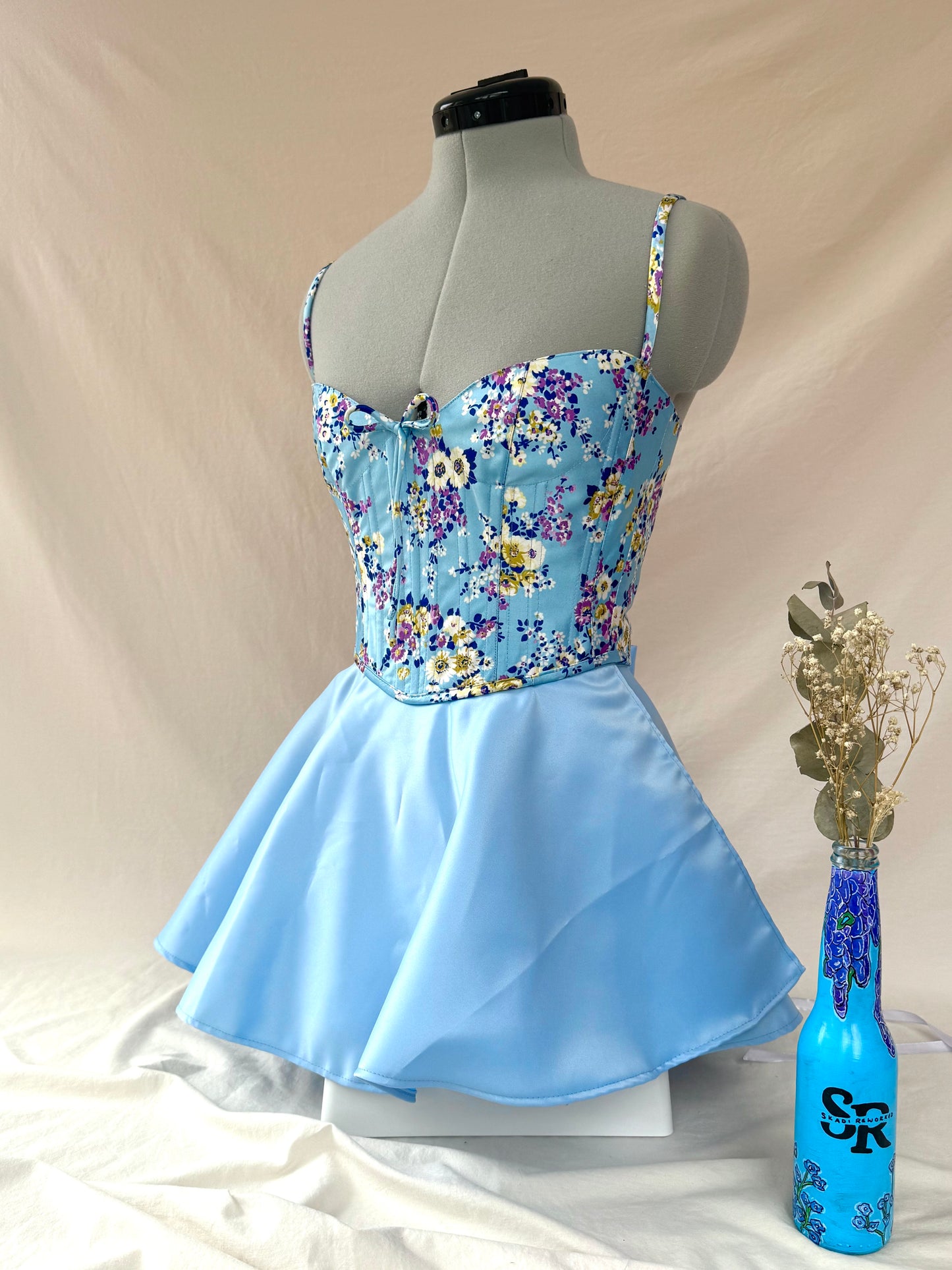 Reworked Blue Floral back lacing corset with Mini Ballerina wrap skirt - XS/S