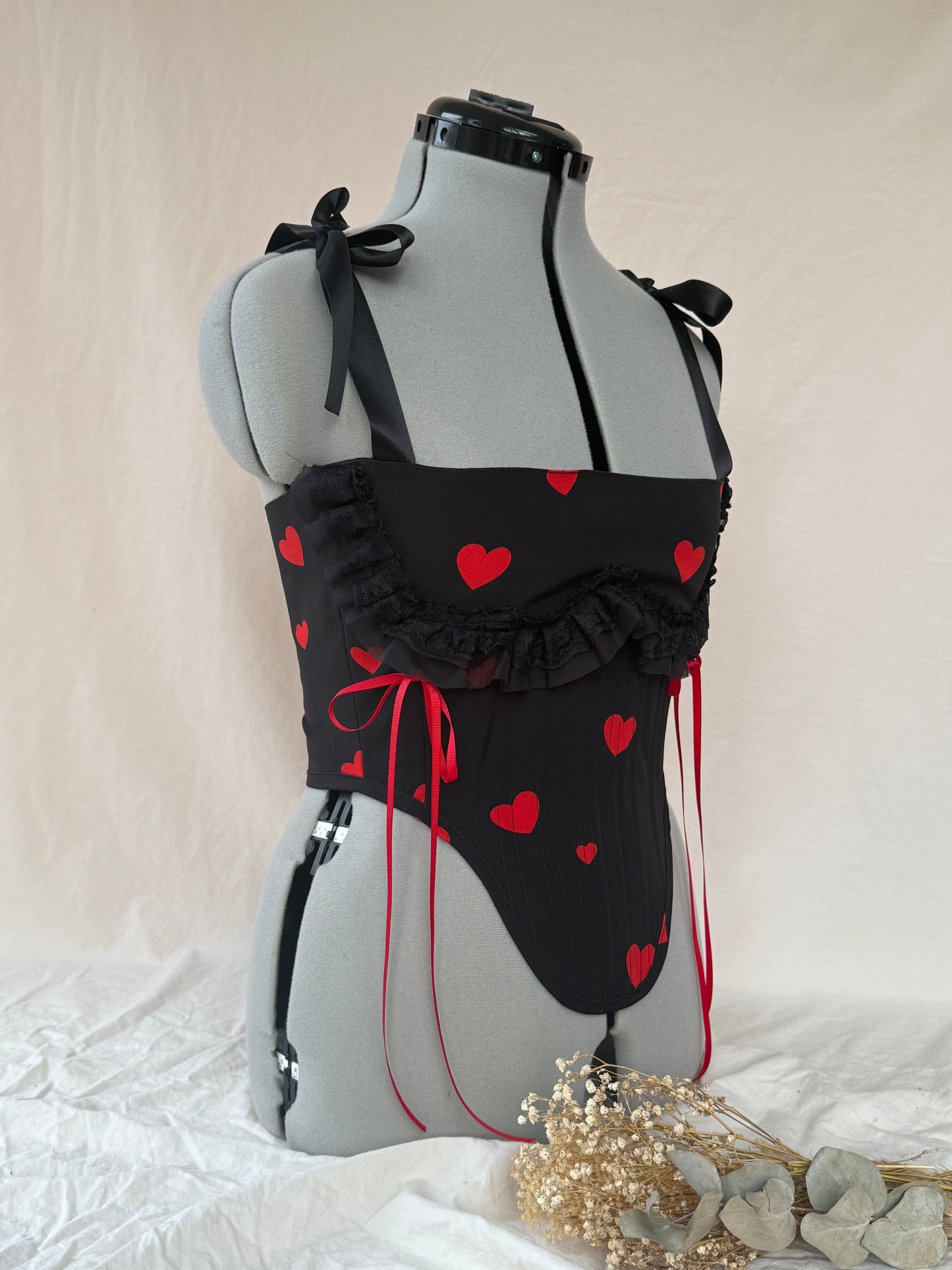 Reworked Delicate black heart corset with frill - S
