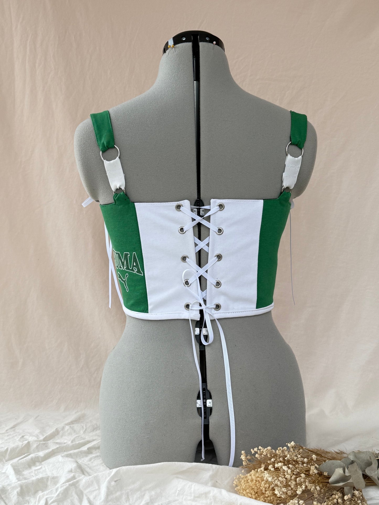 Reworked Green and White Puma cropped back lacing corset - XS/S