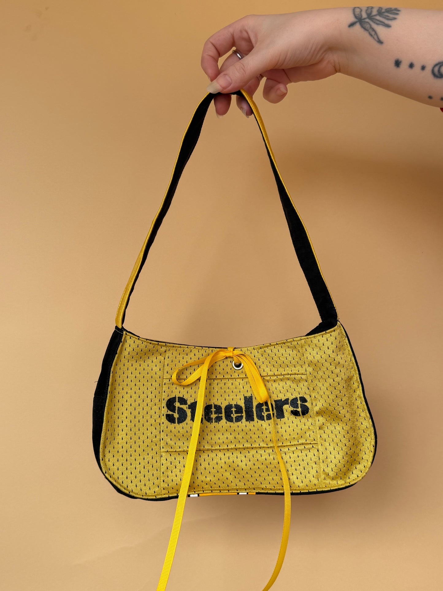 Reworked Pittsburgh Steelers cropped back lacing corset and matching Bag - S