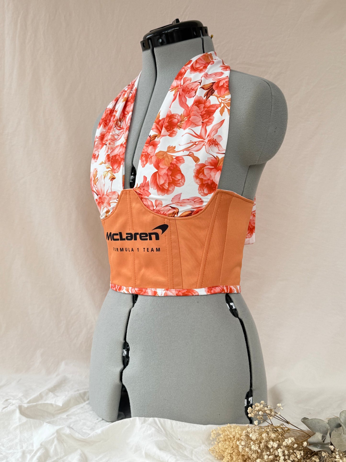 Reworked McLaren floral cropped corset with halter neck and matching bag - XS-S