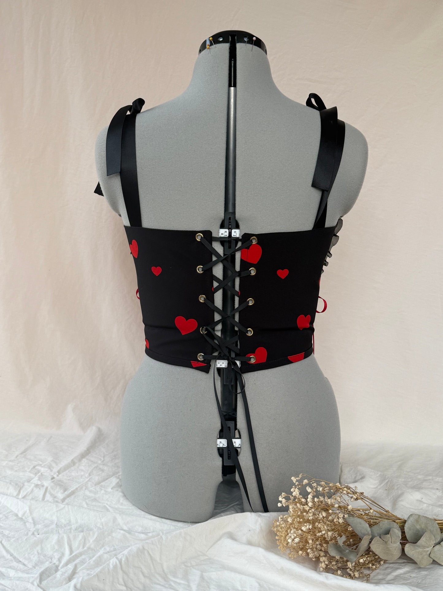 Reworked Delicate black heart corset with frill - S