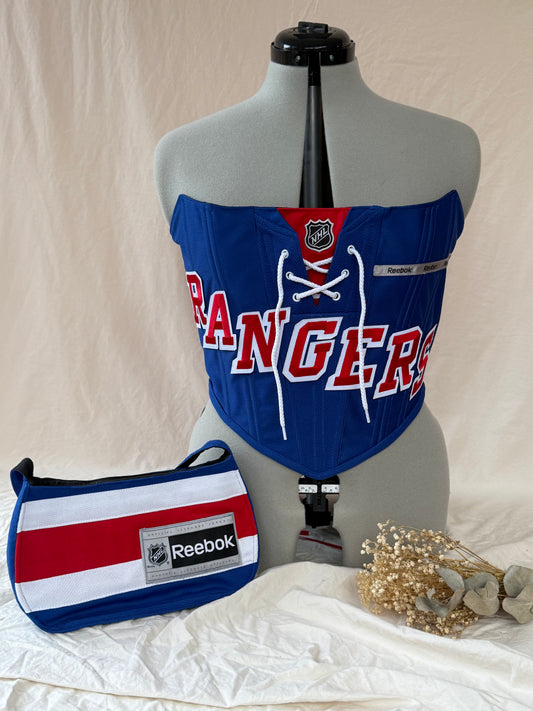 Reworked New York Rangers cropped back lacing corset - M