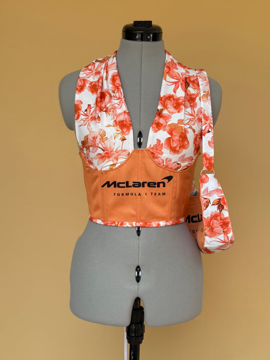 Reworked McLaren floral cropped corset with halter neck and matching bag - XS-S