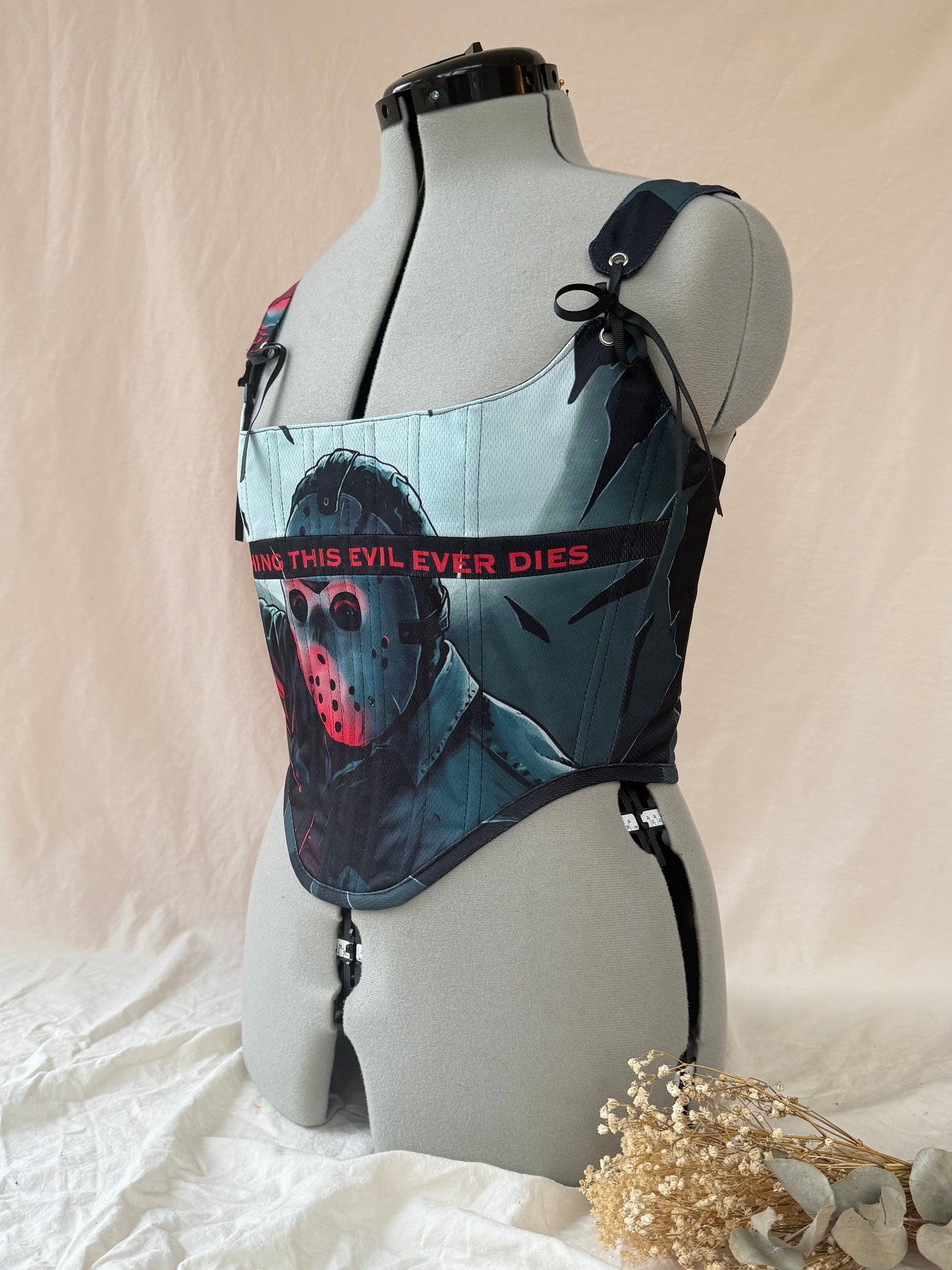 Reworked Jason/Friday the 13th cropped back lacing corset - S